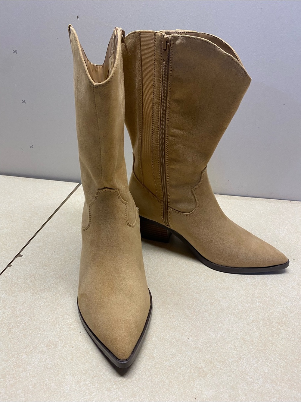 Lane Bryant Tan Suede Pointed-Toe Mid-Calf Western Boots